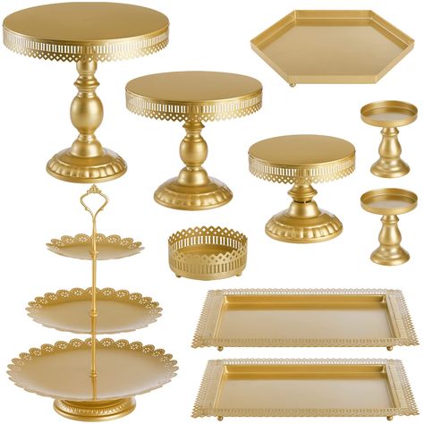 PRICES MAY VARY. Package Included - You will get a value pack of 10 pieces cake stands, it includes 1 x 3-tier cake tray, 2 x rectangular cake pan, 3 x cake stand with base, 2 x cup cake stand with base, 1 x round cup cake stand and 1 x hexagon pan. High Quality Material - Made of high quality metal which is durable and safe. Painted in a food safe water-based gold color paint and brushed with an antique style finish that will never fade or rust! Gorgeous, durable and safe to use. Size - Three t Iron Cake Stand, Metal Cupcake Stand, Cookie Display, 10 Cake, Display Tower, Candy Fruit, Metal Cake Stand, Round Cake Stand, Cake Stand Set