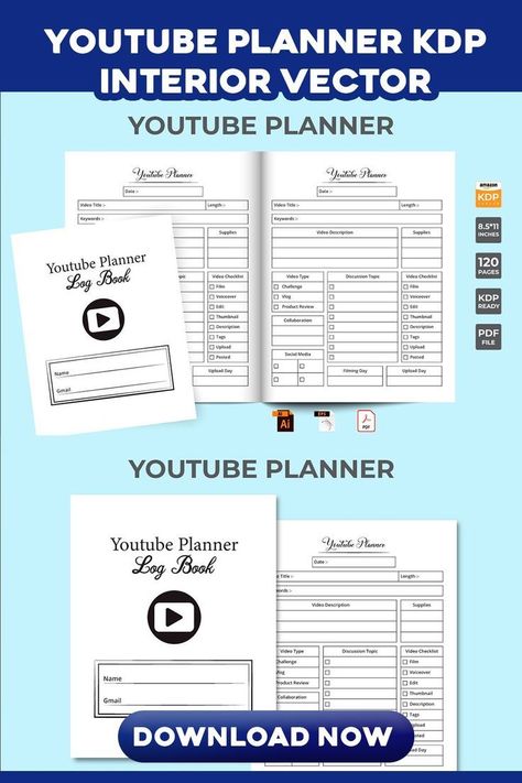 "YouTube planner KDP interior vector. KDP interior youtube planner notebook. Video schedule and tracker logbook. Video checklist template interior. Youtube planner journal KDP interior. KDP interior logbook. Welcome to Ifti Digital GraphiTags: Low Content Interior, Vlog Planner, Youtube Planner, Organizer, Youtuber, Vloger, Log Book, Notebook, Youtube, Daily, Plan, Business, Book, Printable, Check List, Checklist, Timetable, Organization, Notepad, Element, Scrapbook, Decoration, " Notebook Video, Youtube Planner, Interior Vector, Planner Youtube, Daily Planner Notepad, Scrapbook Decoration, Book Notebook, Kdp Interior, Business Book