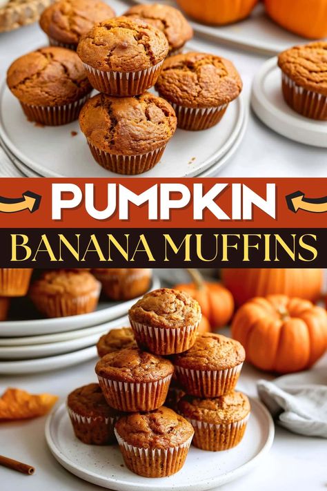 Pumpkin banana muffins are rich, sweet, and incredibly moist. They're the perfect breakfast on the go or mid-morning pick-me-up with a cup of coffee. Best Muffin Recipe, Pumpkin Banana Muffins, Pumpkin Banana, Pumpkin Bars, Pumpkin Muffins, Banana Recipes, Banana Muffins, Muffin Recipes, Pumpkin Recipes