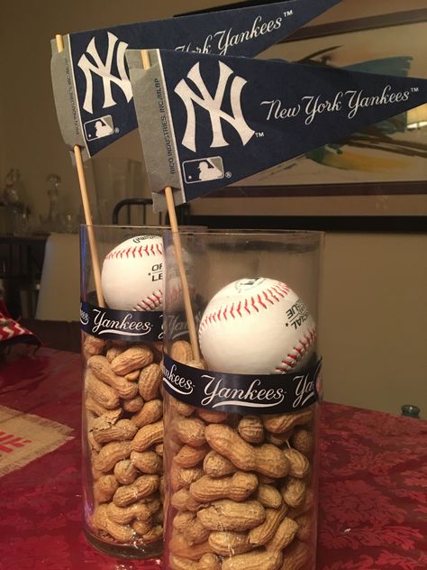 NY YANKEES Baseball party centerpieces Elegant Baseball Centerpieces, Baseball Banquet Dessert Table, Simple Baseball Centerpieces, Baseball Dinner Centerpieces, Yankees Party Decorations, Yankee Party Ideas, Baseball Retirement Party Ideas, Sports Party Centerpieces Diy, Baseball Themed Party Decorations