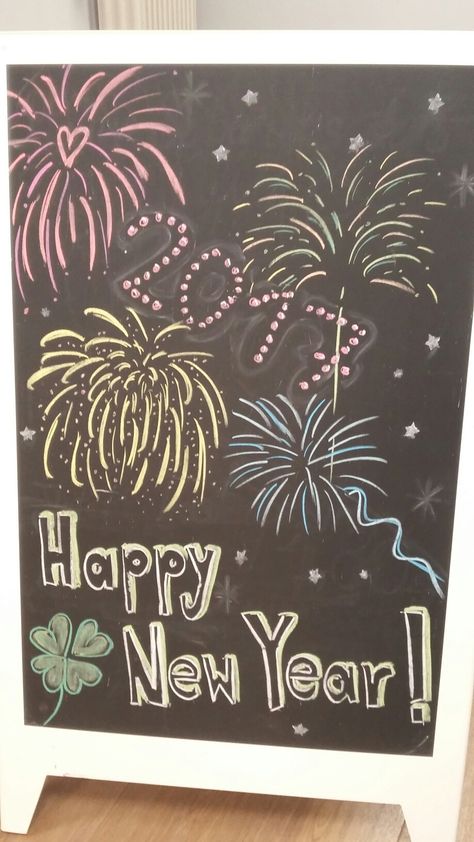 Happy New Year Sign Ideas, Chalkboard New Years Sign, New Year’s Chalkboard Art, Starbucks New Years Sign, New Year Blackboard Ideas, Happy New Year Chalkboard Ideas, Chalkboard New Year, Happy New Year Board Decoration, New Year’s Eve Chalkboard Art