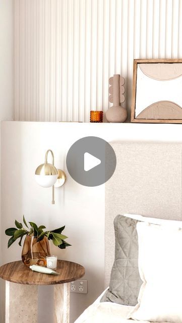 Mariana Tedim on Instagram: "Elevating my bedroom by adding a feature wall ✨ This room has always felt very bare and not catching much light always felt very cold. To change that I decided to add a feature wall full of texture and warm colour. For half of the wall, I added the @easycraft.panels Silhouette Cove panelling. This range is amazing because it can give the illusion of a deeper space due to its shape. In the bottom half, I added a ledge for extra practicality and to allow for the power switch. For that extra warmth and texture, I decided to try a limewash effect by mixing a bit of water with the @duluxaus paint, I went with the colour lime white, and when brushing just did it side to side I love how it turned out. If you loved this DIY and want to see more make sure to foll Bedroom With Ledge Wall, Bedroom Ledge Wall, Wall Ledge, Boys Rooms, Bedroom Panel, Fabric Bed, Very Cold, My Bedroom, Panel Bed