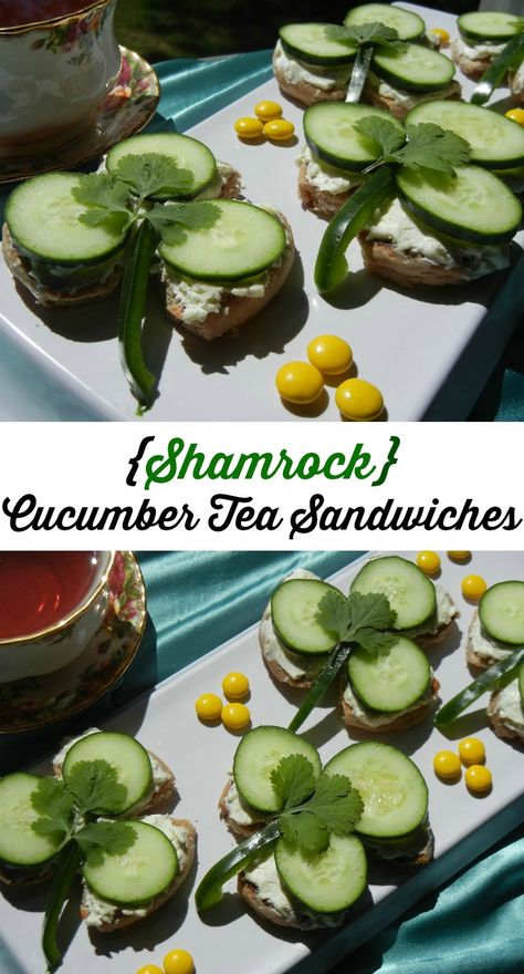 Shamrock Cucumber Tea Sandwiches | from willcookforsmiles.com St Patricks Tea Party, St Patricks Day Food Snacks, St Patrick Party Food, Whole Wheat English Muffins, Food Arrangement, St Patrick's Day Appetizers, St Patricks Food, Cucumber Tea, St Patrick Day Snacks