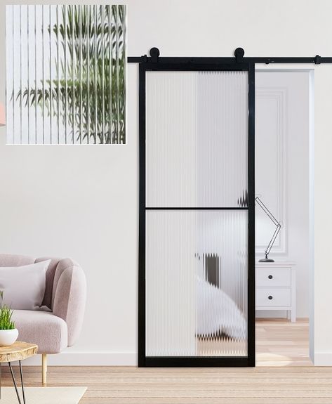 Japanese Style Sliding Door, Fluted Glass Door, Mirror Barn Door, Glass Barn Door, Glass Kitchen Cabinets, Steel Barns, Reeded Glass, Barn Door Designs, Glass Barn Doors