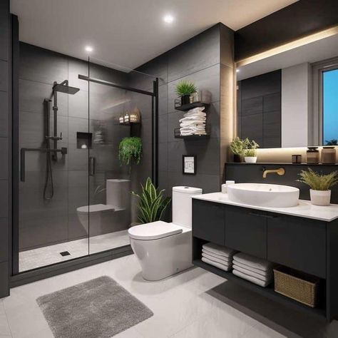 Modern House Design Bathroom, Masters Bathroom Modern, Grey Bathroom Aesthetic, House Interior Black And White, Toilet And Bathroom Design Modern, Smart Bathroom Design, Modern Small House Design Interiors, Small Interior House Design, Basement Washroom Ideas