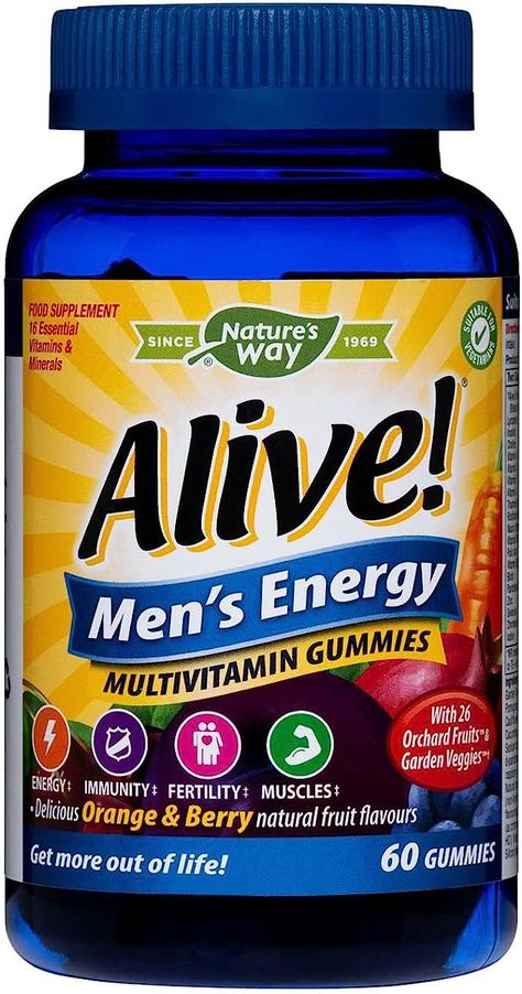 Alive! Men's Energy Soft Jell Multivitamins | 60 Chewable Gummies | Complete Multi-Vitamins Specially Formulated for Men | Get More Out of Life : Amazon.co.uk: Health & Personal Care Blessed Thistle, Gummy Vitamins, Pantothenic Acid, Digestive Enzymes, Lemon Balm, Vitamin Supplements, Folic Acid, Ascorbic Acid, Fruit Flavored