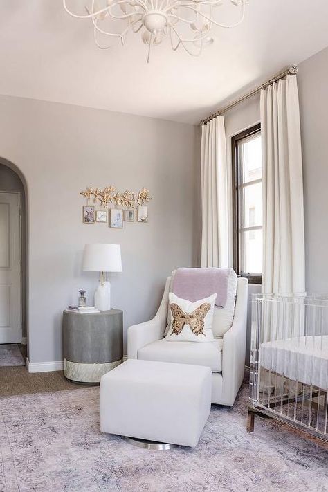 Light Grey Painted Walls, Light Purple Walls, Grey White Nursery, Lavender Curtains, Purple Nursery Girl, Grey Painted Walls, Lavender Nursery, Nursery Interior Design