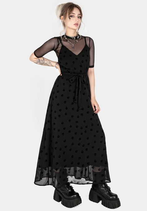 Dress With Docs, Witchcore Outfit, Alternative Aesthetic, Full Outfits, Witch Outfit, Black Skull, Alt Fashion, Black Midi, Chiffon Maxi