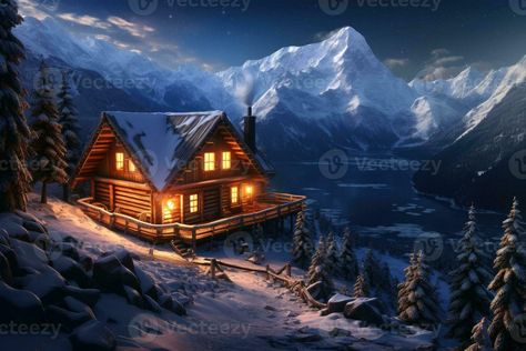 A cosy log cabin in a snowy mountain landscape. Cosy Log Cabin, Snowy Mountain Landscape, Snowy Mountain, Tree Saw, Snowy Mountains, Cityscape Photos, Nature Backgrounds, Background Banner, Mountain Landscape