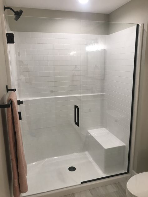 One Piece Shower Stall Walk In, Shower Insert With Glass Door, Fiberglass Walk In Shower Master Bath, Walk In Fiberglass Showers, Bathroom Modern Farmhouse Style, Basic Walk In Shower Ideas, Fiberglass Shower With Glass Door, Shower Stall Kits Walk In, Shower Replacement Ideas