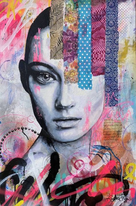 Original street art mixed media artwork by Roberta Foffo (Italy). This one-of-a-kind ink on canvas mixed media artwork measures 23.6W x 35.4 H inches, and is framed, and is ready to hang. The portrait mixed media artwork ships in a box directly from the artist's studio and is covered by the 14-day satisfaction guarantee from Saatchi Art, so you can buy with confidence. Altered Portrait Art, Collage Portraits Mixed Media, Oil Pastels Mixed Media, Photo Mixed Media Art, Collage And Mixed Media, Mixed Media Pop Art, Digital Collage Art Mixed Media, Mixed Media Painting Ideas, Multimedia Art Mixed Media