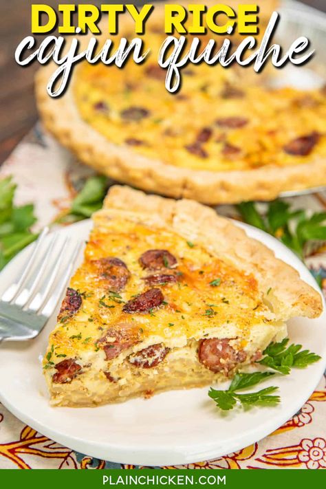 Dirty Rice Cajun Quiche Recipe - spice up your brunch game with our mouthwatering Cajun Quiche! Bursting with the bold flavors of dirty rice, andouille sausage, green onions, and cheddar cheese, it's a Southern twist on a classic favorite. Creamy, spicy, and utterly delicious, this quiche is perfect for breakfast, brunch, or any meal of the day. Cajun Breakfast, Delish Dinners, Homemade Quiche, Creamy Grits, Homemade Cajun Seasoning, Crazy Food, Creole Cooking, Dirty Rice, Plain Chicken