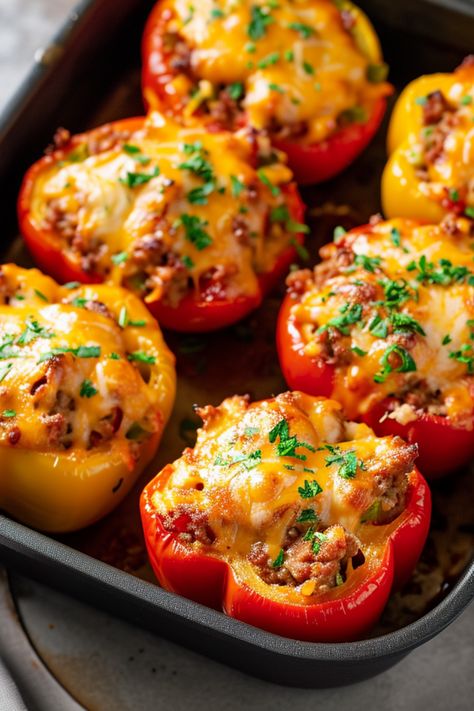 Discover the ease of the Ground Beef Stuffed Peppers recipe for a healthy, quick dinner. This simple dish is keto-friendly and can be made in an air fryer or as a casserole, using common pantry ingredients. For this Ground Beef Stuffed Peppers recipe and more fast, homemade meals and ground beef recipes, visit SimplyCalledFood.com. Stuffed Peppers With Quinoa And Beef, Hamburger Bell Pepper Recipe, Stuffed Mini Peppers With Ground Beef, Ground Beef Stuffed Peppers, Healthy Quick Dinner, Beef Stuffed Peppers, Stuffed Bell Peppers Ground Beef, Best Stuffed Pepper Recipe, Easy Stuffed Pepper Recipe