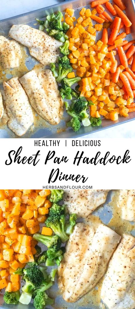 Fish And Roasted Vegetables, Baked Fish And Vegetables, Haddock Healthy Recipes, Haddock Dinner Ideas, Haddock Fish Recipes Healthy, Easy Haddock Recipes Healthy, Sheet Pan Meals Fish, Healthy Haddock Recipes Clean Eating, Haddock Dinner Recipes