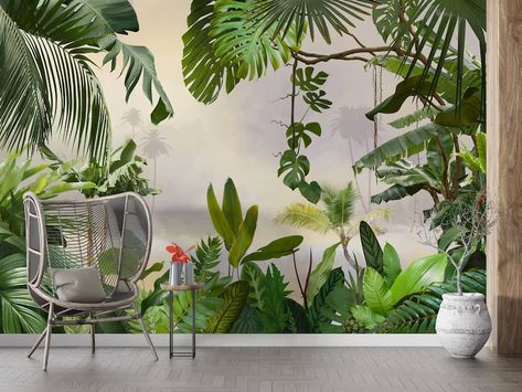 Jungle Wall Mural, Tree Wallpaper Mural, Jungle Wall, Forest Wall Mural, View Wallpaper, Jungle Wallpaper, Tropical Wallpaper, Banana Leaves, Mural Floral