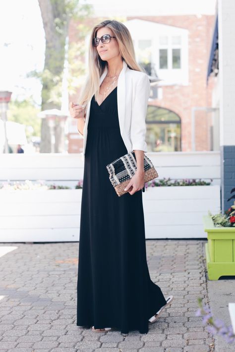 How to Wear a Little Black Maxi 3 Ways | Maxi Dress for Work | Maxi Dress With Blazer Black Casual Maxi Dress, Blazer Over Maxi Dress, What To Wear Over Maxi Dress, Maxi Dress Coverup Ideas, What To Wear With Maxi Dress, Blazer Maxi Dress, Black Maxi Dress With Blazer, How To Style Black Maxi Dress, Maxi Dress Blazer Outfit