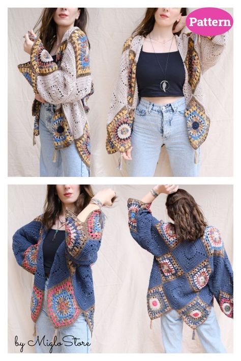 Bohemian Style Cardigan Crochet Pattern Boho Crochet Cardigan, Granny Square Cardigan, Cardigan Crochet Pattern, Square Cardigan, Hippie Crochet, Crochet Crop Top Pattern, Boho Cardigan, Crochet Sweaters, Clothes Crochet