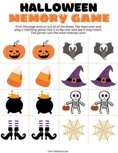 Halloween Game Activities, Pumpkin Memory Game, Halloween Memory Game Free Printable, Halloween Memory Game Printable, Games For Kids Halloween Party, Halloween Games For Preschool, Memory Games For Kids Printable, Halloween Games Diy, Halloween Diy Games