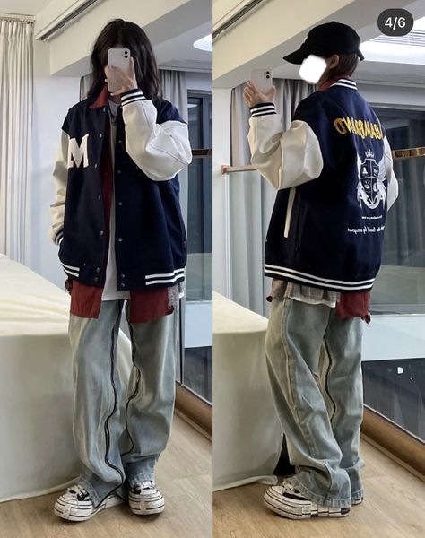 Big Jackets Aesthetic, Big Jacket Reference, Korean Varsity Jacket Outfit, Collage Jacket Outfits, Oversized Varsity Jacket Outfit, Varsity Jacket Korean, Baggy Jacket Outfit, Hoodie Layering, Big Jackets