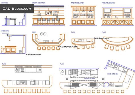 Bar Design - free AutoCAD Blocks Bar Counter Plan Layout, Restaurant Bar Dimensions, Bar Counter Chair Design, Bar Dimensions Design Plan, Cafe Counter Dimensions, Bar Floor Plan Layout, Bar Plans Design Layout, Counter Restaurant Design, Bar Layout Design