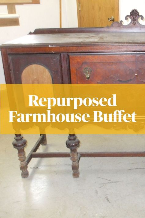 Repurposed Farmhouse Buffet Redone Buffet Table, Painting Old Buffet Cabinet, Diy Farmhouse Buffet Cabinet, Antique Kitchen Buffet Cabinet, Old Buffet Makeover Ideas Farmhouse, Buffet Table Painting Ideas, Antique Buffet Table Ideas Decor, Painted Vintage Buffet, Buffet Bar Ideas Dining Rooms