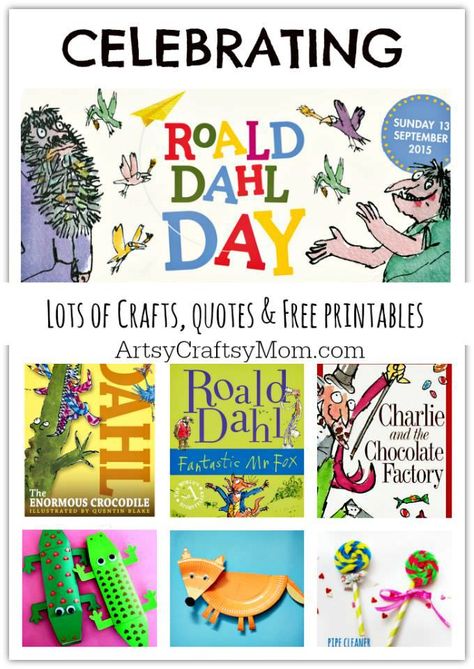 Have fun celebrating Roald Dahl Day - Lots of Crafts, Books, and Free Downloadable PDFs - paper plate fox, willy wonka chocolates , giant peach and more Roald Dalh, Roald Dahl Activities, Roald Dahl Day, Crafts Quotes, Roald Dahl Books, Library Activities, Author Studies, Library Lessons, Craft Quotes