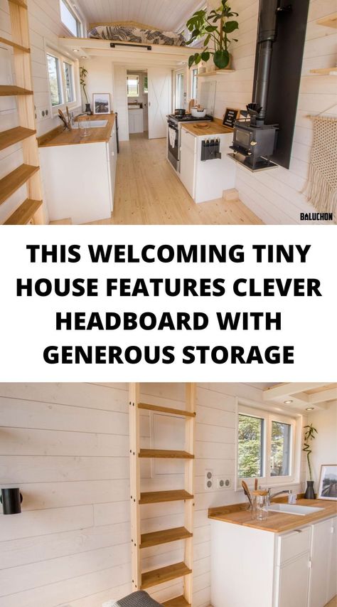 This charming tiny home features a large kitchen, a beautiful bathroom with a shower cabin and a dry toilet and a loft bedroom with an ingenious storage headboard Dry Toilet, Dry Cabin, Wood Feature Wall, Tiny House Company, Clad Home, Storage Headboard, Loft Bedroom, Stylish Interior Design, Shower Cabin