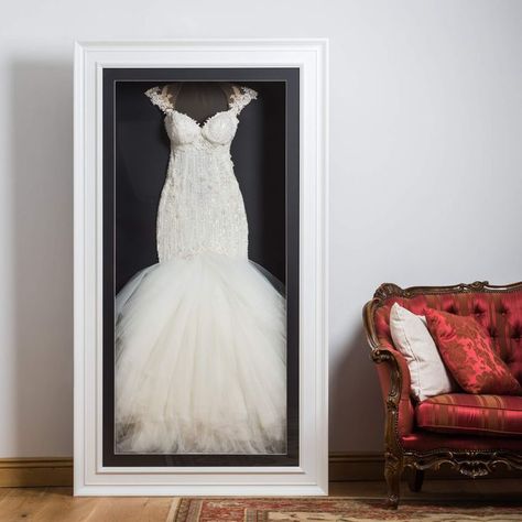 Dress Display Ideas, Wedding Dress Shadow Box, Wedding Dress Frame, Wedding Dress Display, Old Wedding Dresses, Dress Preservation, Wedding Dress Preservation, Wedding Shadow Box, Haute Couture Wedding Dress