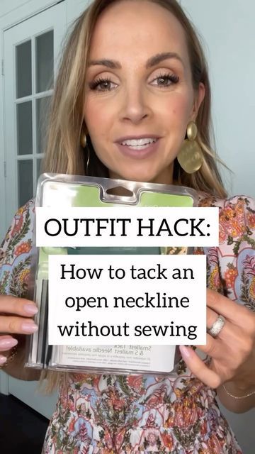 How To Adjust A Low Neckline, Fix A V Neck Too Low, How To Fix A Low Neckline, Low Neckline Hacks, How To Fix A Low Neckline Dress, Low Cut Dress Hack, Fix A Low Neckline, Low Plunge Dress, Low Neckline Dress