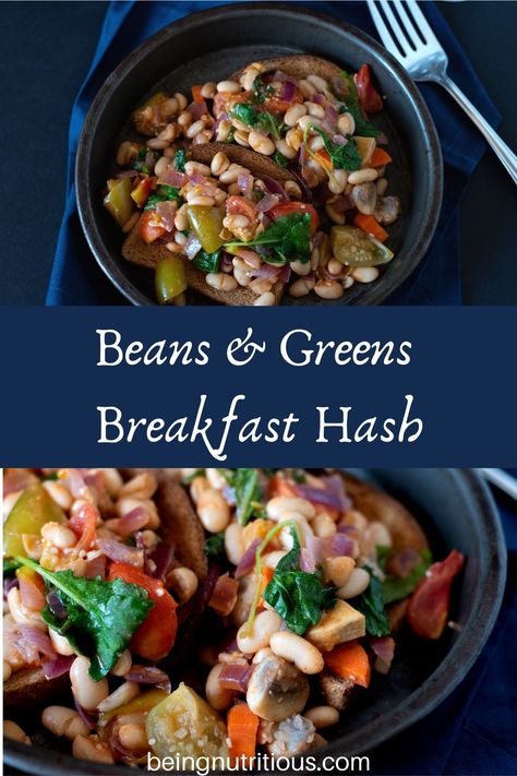 Beans & Greens Breakfast Hash - Being Nutritious Beans Breakfast Recipe, Bean Recipes For Breakfast, Vegan Hashbrown Recipes, Bean Breakfast, Breakfast Beans Vegan, Breakfast Beans Recipe, Beans For Breakfast, Bean Protocol Breakfast, Bean Breakfast Recipes