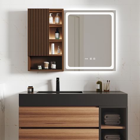 Hanging Cabinet Bathroom, Bathroom Remodel With Medicine Cabinet, Bathroom Sink Ideas With Storage, Mirror Cabinets Bathroom, Bathroom Cabinet Design Ideas, Washroom Cupboard Ideas, Bathroom Mirrors With Storage, Wooden Medicine Cabinet, Storage Mirror Bathroom