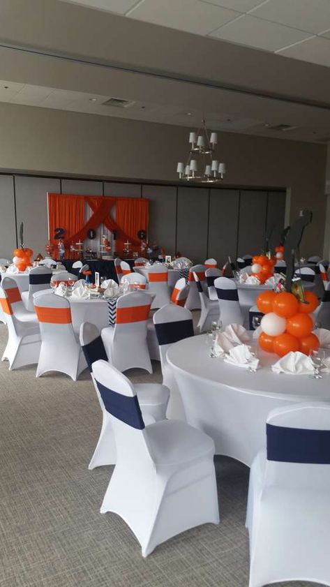 Orange And Blue Party Decorations, Blue And Orange Graduation Party Ideas, Auburn Graduation Party Ideas, Graduation Party Ideas Blue And Orange, Orange Black And White Graduation Party, Blue And Orange Event Decor, Auburn Grad Party, Graduation Party Orange And Black, Granny Party