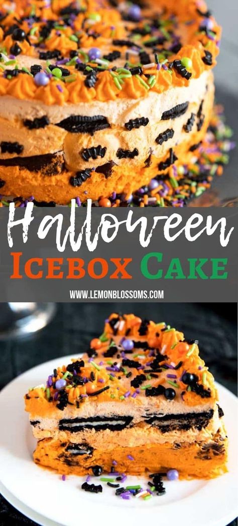 Halloween Icebox Cake, Halloween Ice Cream Cake, Samhain Ideas, Halloween Deserts, Halloween Ice Cream, Box Cakes, Dessert Halloween, Fun Halloween Food, Easy Halloween Food