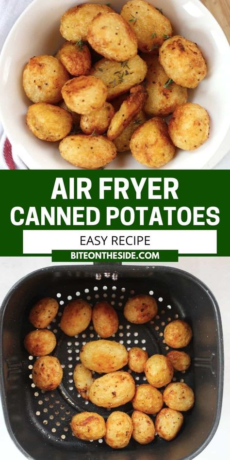 When you want roasted potatoes in a hurry, this quick and easy recipe is a winner! Thanks to your air fryer and canned potatoes, you can have perfect roasties in less than 40 minutes! Crispy, fluffy and delicious, tinned potatoes are seasoned and air fried in a fraction of the time. Budget friendly and fuss-free, this recipe is a must try! Roasted Canned Potatoes, Can Potatoes Recipes, Air Fry Potatoes, Time Budget, Air Fryer Recipes Dessert, New Air Fryer Recipes, Air Fryer Recipes Snacks, Canned Potatoes, Cooks Air Fryer