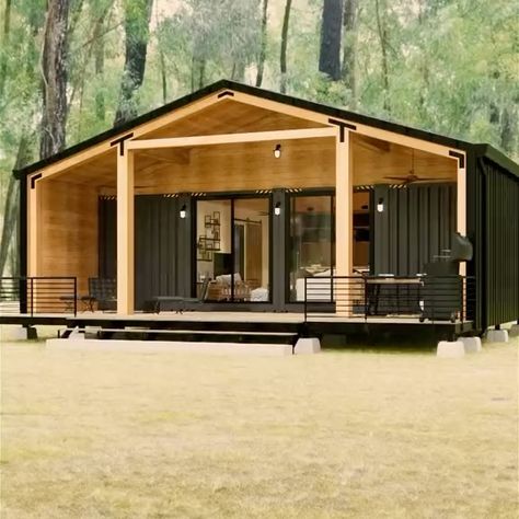 Living Cabins 🏡 | What do y'all think about it?😯🤩 Share your thoughts below... Interested in buying or building your own tiny home? Click the link in bio to... | Instagram Double Wide Container Home, Shipping Container Addition To House, Shipping Container Barndominium, 3 Shipping Container Home, Container Cabin Ideas, Container Home Exterior, Connex House, Small Container House Design, Container Homes Ideas Design