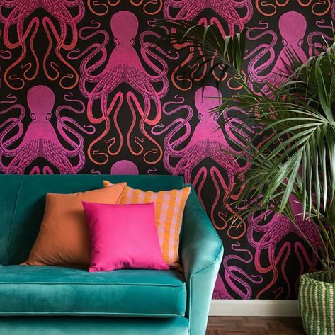 Inspired by the flowing lines and curves of Art Nouveau and vintage botanical studies this largescale octopus illustration showcases intricate line work and dot detailing. Please note Actual pattern repeat is 32cm. Seen here in the Ombre Pink  Orange colourway. Mexican Dining Room, Art Deco Hallway, Octopus Wallpaper, Vintage Maximalist Decor, Octopus Illustration, Mulberry Home, Nina Campbell, Mini Moderns