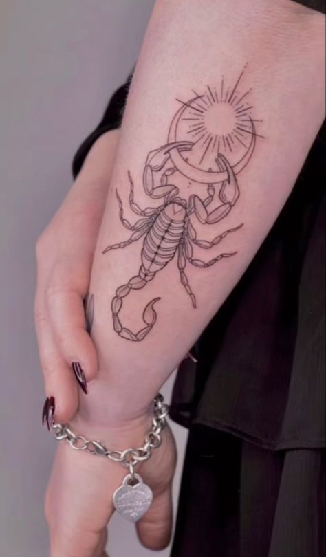 Scorpio Themed Tattoos, Scorpion Goddess Tattoo, Scorpion Chest Tattoo Female, Scorpio Chest Tattoo Female, Scorpio Tattoo Wrist, Scorpio Arm Tattoos For Women, Scorpion Moon Tattoo, Taurus Scorpio Tattoo Combined, Scorpion Tattoo Color