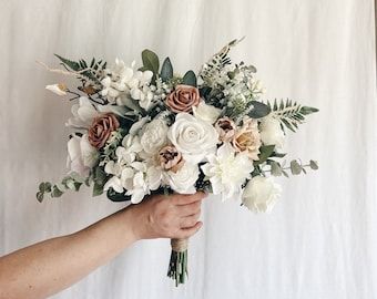 Sage And White Cascading Bouquet, Silk Bridesmaid Bouquet, Bridal Bouquet Eucalyptus Peonies, White And Champagne Wedding Bouquets, Sage Green And Champagne Wedding Flowers, Flowers For January Wedding, Rustic Green And Beige Neutral Wedding, Muted Wedding Bouquet, Taupe Wedding Theme Flowers