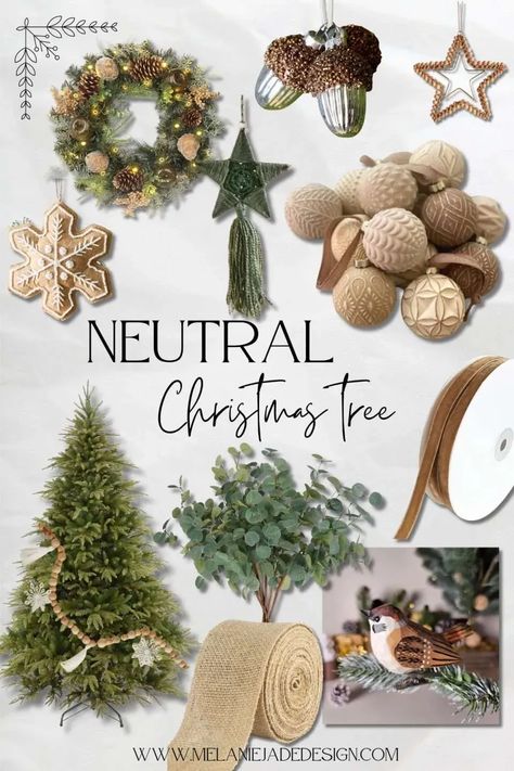 Brown Xmas Tree Decor, White And Natural Christmas Tree, Christmas Tree Modern Farmhouse, Christmas Tree Earth Tones, Neutral Color Christmas Tree Decor, Neutral Christmas Tree Ornaments, Christmas Tree With Brown Ornaments, Natural Decorated Christmas Tree, Christmas Tree Natural Decorations