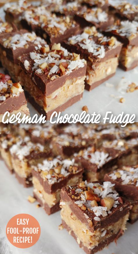 A simple, fool-proof recipe for chocolate fudge layered with pecan coconut German chocolate filling made easy with sweetened condensed milk. German Chocolate Filling, German Chocolate Fudge Recipe, German Chocolate Fudge, Sweetened Condensed Milk Fudge, Coconut Fudge Recipe, Vacation Recipes, South Your Mouth, Milk Chocolate Fudge, Homemade Fudge Recipes