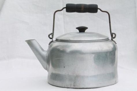 big old tea kettle for camp kitchen, vintage Comet aluminum tea pot holds one gallon Balmuda Kettle, Kettle’s Yard, Retro Kettle, Vintage Kettle Illustration, Old Kettle, Vintage Tea Kettle, Wall Tiles Design, Camp Kitchen, Tea Kettle