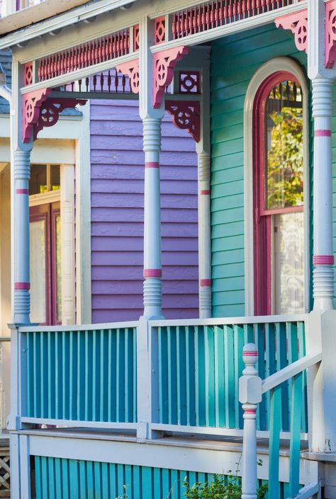 Bright Houses Exterior, Purple And White House Exterior, Blue And Pink House Exterior, Fun Exterior Paint Colors For House, Pastel Exterior House Colors, Color House Exterior Ideas, Purple Exterior House, Colorful Exterior House Colors, Carribean Colors