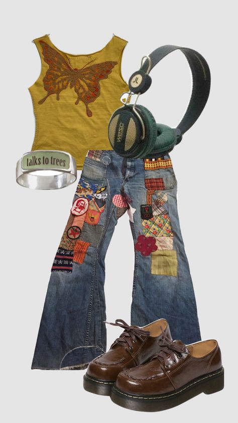 Grunge Colorful Aesthetic, Yellow Grunge Aesthetic Outfits, Yellow Aesthetic Clothing, Funky Jeans Outfit, Yellow Alt Outfit, Bellbottoms Outfits, Colorful Hippie Outfits, Funky Clothes Aesthetic, Patch Jeans Outfit