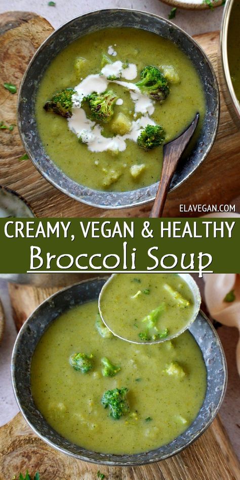 This vegan broccoli soup is creamy, comforting, and loaded with vegetables for a surprisingly healthy, hearty soup–made in just 35 minutes with simple, inexpensive ingredients! This low-calorie soup recipe is gluten-free, dairy-free, soy-free, and optionally oil-free! Plant Based Broccoli Soup, Vegan Soup Low Calorie, Broccoli Soup Gluten Free, Vitamix Broccoli Soup, Low Calorie Broccoli Soup, Broccoli And Spinach Soup, Vegan Broccoli Soup Recipes, Dairy Free Cream Of Broccoli Soup, Homemade Broccoli Soup