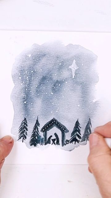 Diane Antone Studio on Instagram: "Cards, gifts and advent calendars… Christmas paintings are a great way to share reminders that we are all under the same stars. #watercolor #christmascards #christmasmakes #easywatercolor #watercolorforbeginners #nativityscene #nativity" Diy Christmas Cards Nativity, Grinch Watercolor Painting, Winter Night Watercolor, Nativity Christmas Cards Diy, Christmas Angel Painting Easy, Watercolor Nativity Tutorial, Nativity Painting Ideas, Watercolor Advent Calendar, Christmas Watercolor Nativity