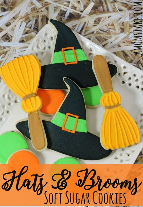 Decorated soft sugar cookies featuring witch hats and brooms - perfect Halloween cookies for your fall parties! Step-by-step directions to make your own. Biscuits Halloween, Halloween Sugar Cookies Decorated, Witch Hat Cookies, Postres Halloween, Halloween Cookie Recipes, Halloween Cookies Decorated, Halloween Sugar Cookies, Iced Sugar Cookies, Pudding Cookies