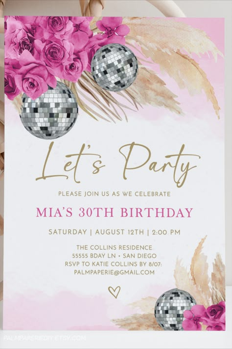 Bright Birthday Invitations, Boho Disco Invitation, Disco Theme Birthday Invitation, 80s Disco Birthday Party Theme, 30th Disco Birthday, Pink Disco Party Invitation, Disco Theme Invitations, 18th Birthday Party Invitations Ideas, Disco Birthday Theme