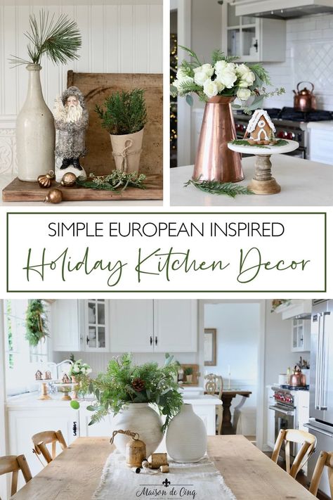 Gorgeous European Farmhouse Christmas Inspiration! French inspired Christmas Decor Ideas using Caramel and Copper--->#maisondecinq christmasdecor christmasdecorating holidaydecor holidaydecorating whitechristmas farmhousestyle frenchfarmhouse frenchcountry countryfrench farmhousechristmas frenchchristmas neutralchristmasdecor europeanfarmhouse European Farmhouse Christmas, Farmhouse Ceiling Ideas, European Christmas Decor, French Country Christmas Decor, French Christmas Decor, Holiday Kitchen Decor, French Country Christmas, Minimalist Christmas Decor, Warm Color Schemes