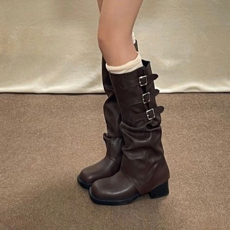 Lasaky - Removable Two-Way Wear Fashion Boots with Retro Design and Chunky High Boots Cute Long Boots, Chunky Boots High, Cool Boots Women, Cute Leather Winter Boots, Brown Tall Boots Outfit, Chunky High Boots, Cowgirl Boots Winter, Ankle High Boots Outfit, Chunky Brown Boots