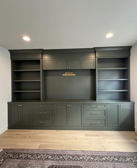 Office With Built Ins And Accent Wall, White Built Ins With Dark Background, Built In Bookshelf Remodel, Green Built In Entertainment Center, Reading Chair By Fireplace, Tv Builtins Wall Units Modern, Built In Storage Wall Living Room, How To Build Bookcases Built Ins, Black Built Ins Office